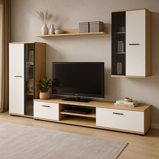 Wizualizacja wnętrza z meblościanką Naverox biały + artisan