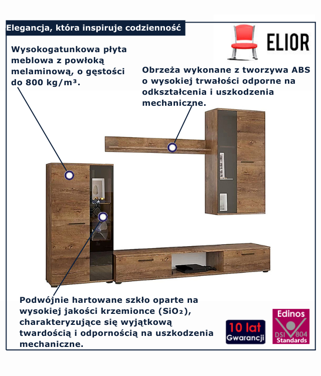 Nowoczesna meblościanka do salonu Naverox dąb lefaks