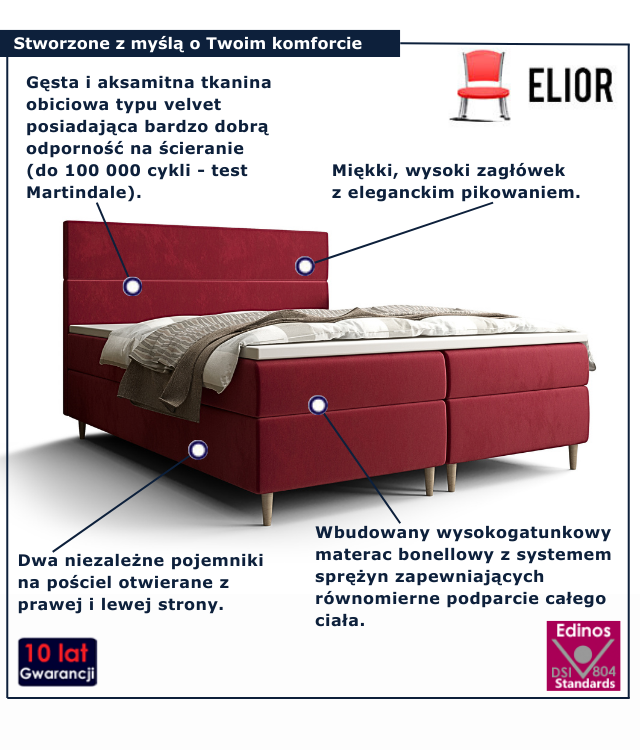 Łóżko kontynentalne w kolorze czerwonym Solvion