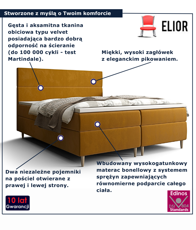 Łóżko kontynentalne w kolorze musztardowym Solvion