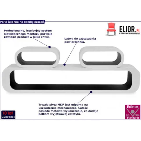 Zestaw biało-czarnych półek ściennych Mins 3X infografika
