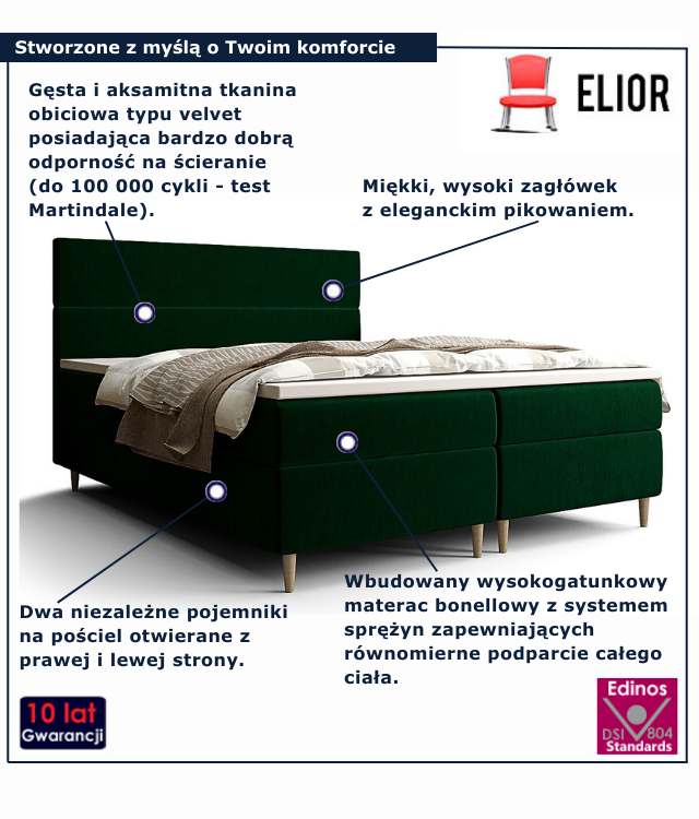 Łóżko kontynentalne w kolorze ciemnozielonym Solvion