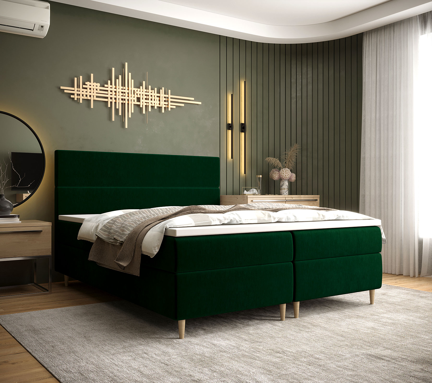 Aranżacja wnętrza z ciemnozielonym łóżkiem welurowym Solvion
