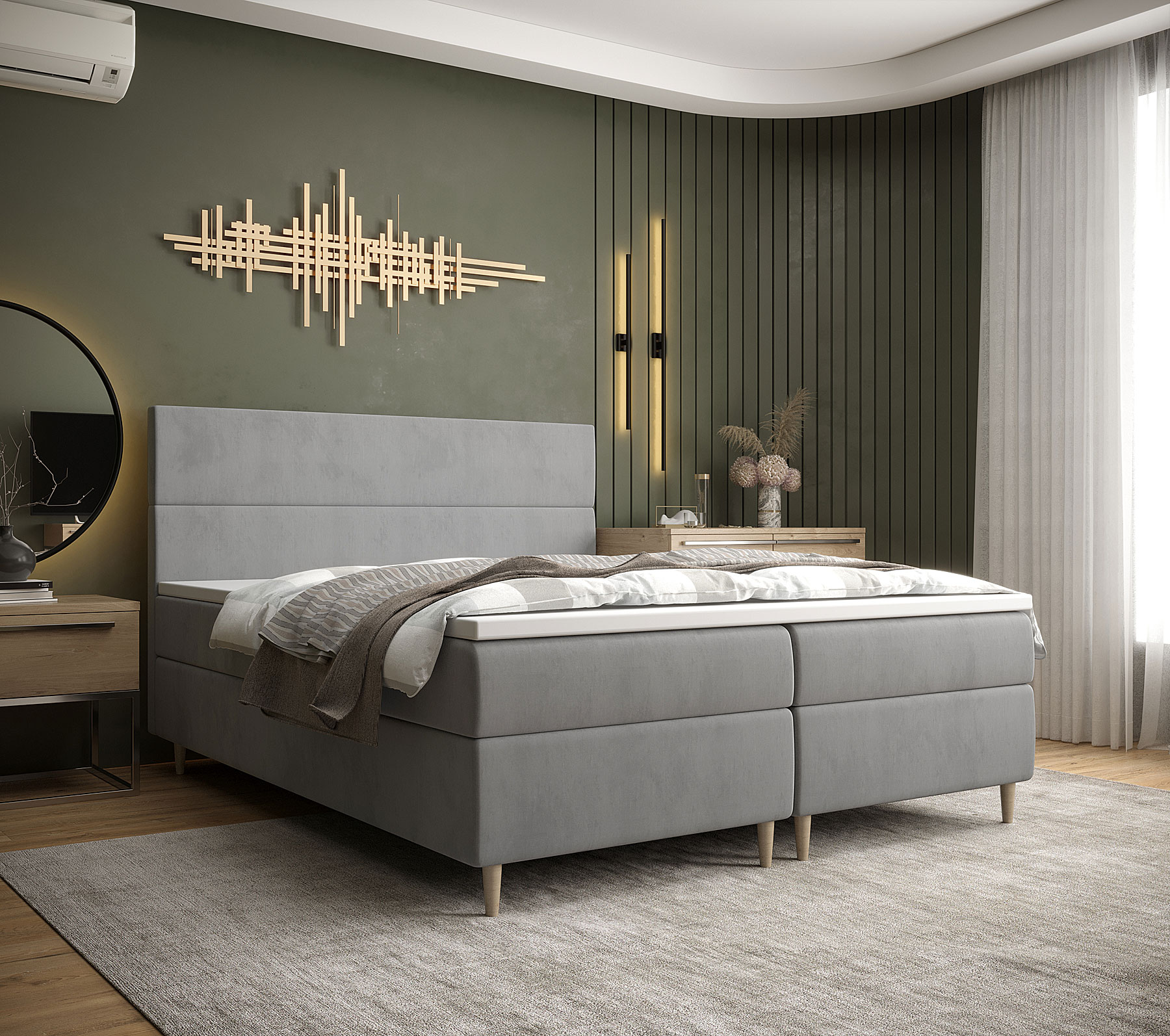 Aranżacja wnętrza z szarym łóżkiem welurowym Solvion