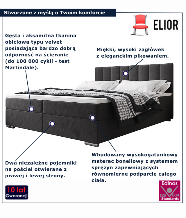 Łóżko kontynentalne w kolorze ciemnoszarym Zavire