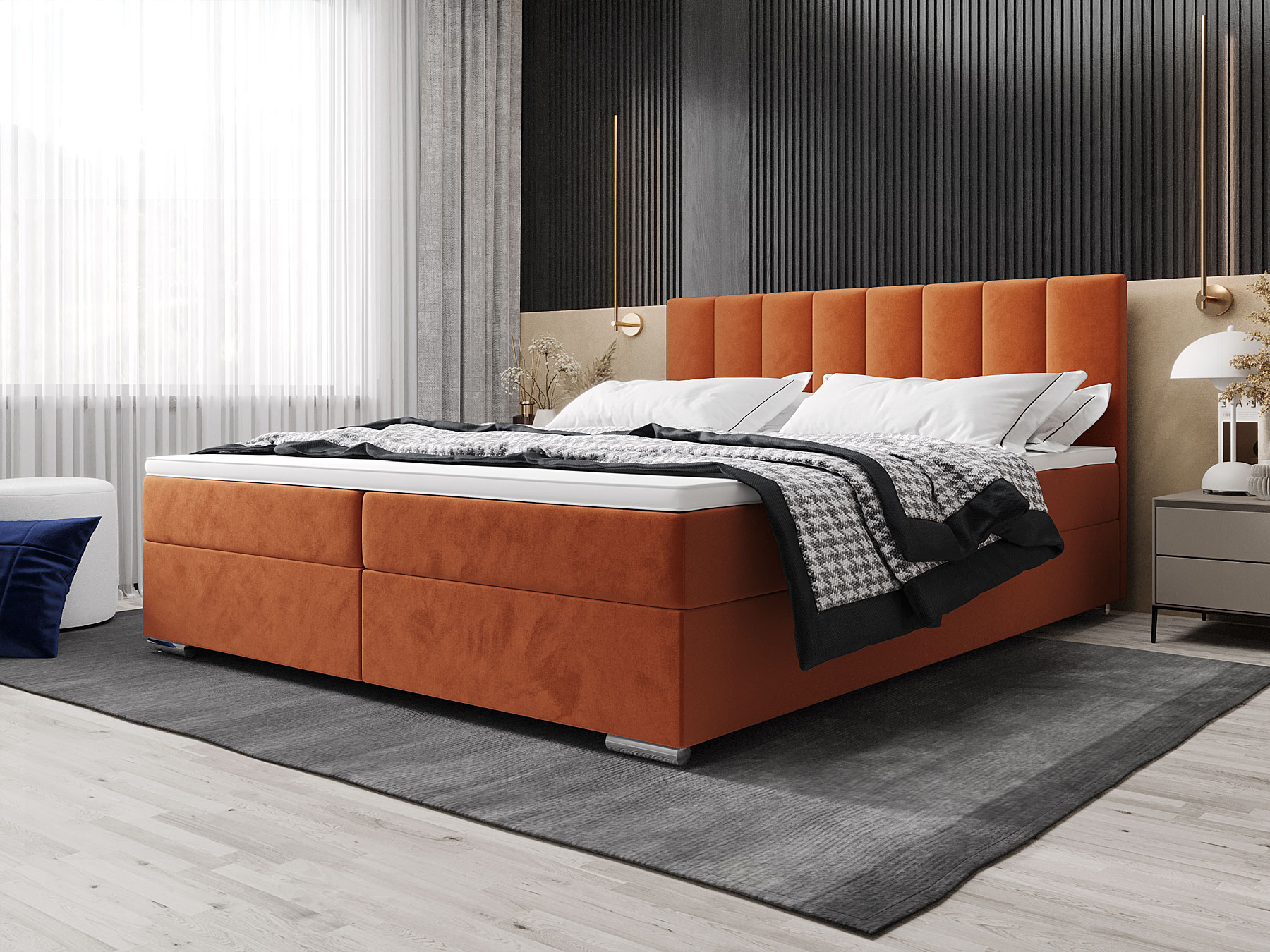 Aranżacja wnętrza z cynamonowym łóżkiem welurowym Zavire