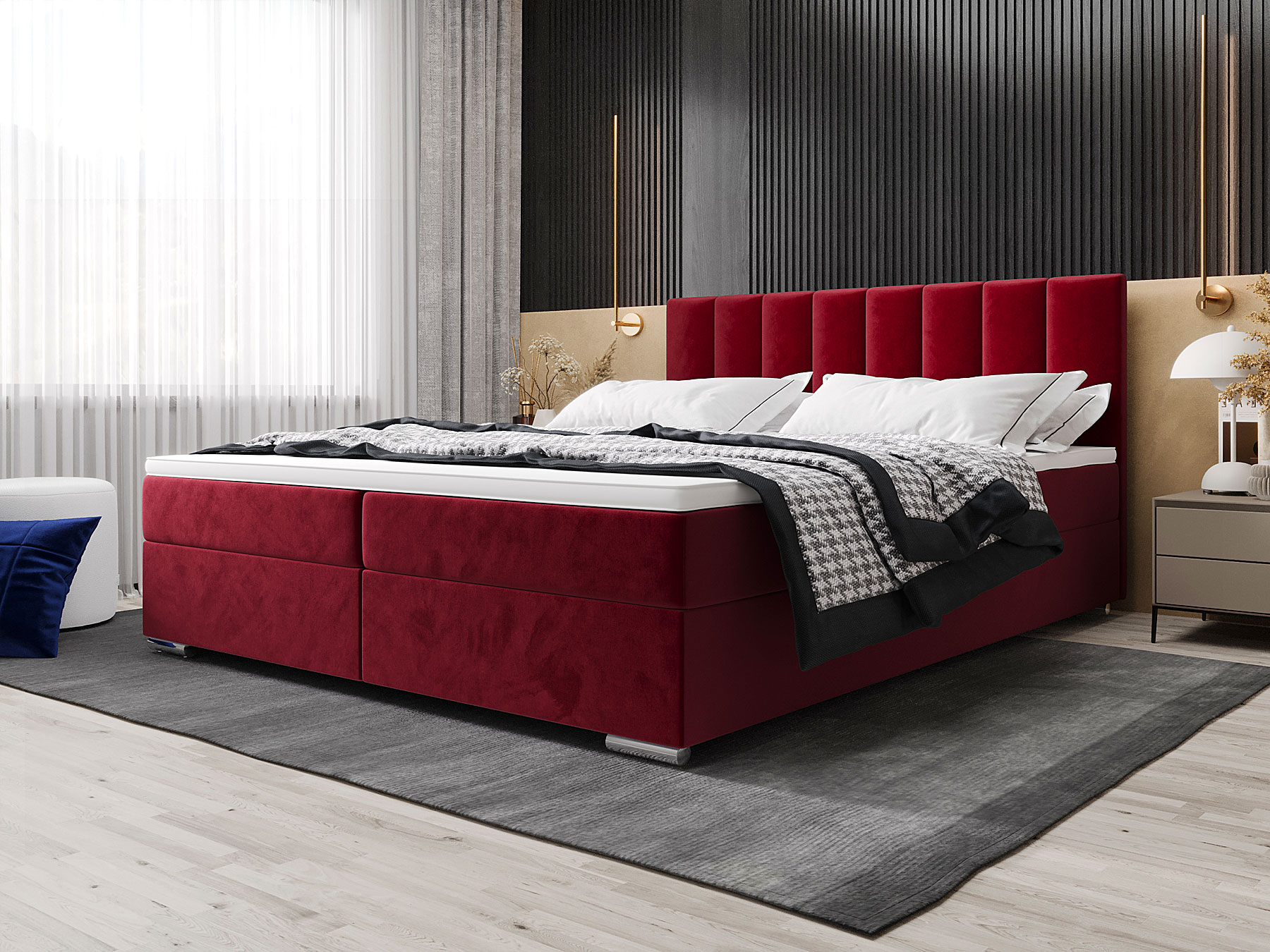 Aranżacja wnętrza z czerwonym łóżkiem welurowym Zavire