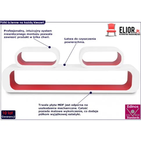 Zestaw biało-czerwonych półek ściennych Mins 3X infografika