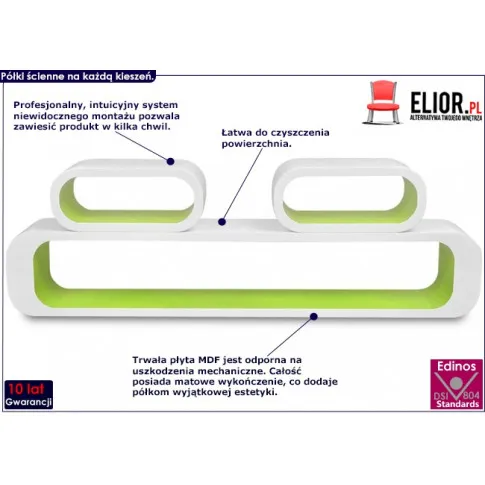 Zestaw biało-zielonych półek ściennych Mins 3X infografika