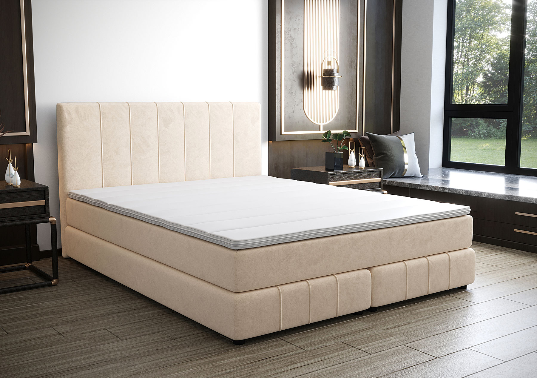 Aranżacja wnętrza z beżowym łóżkiem welurowym Zavire