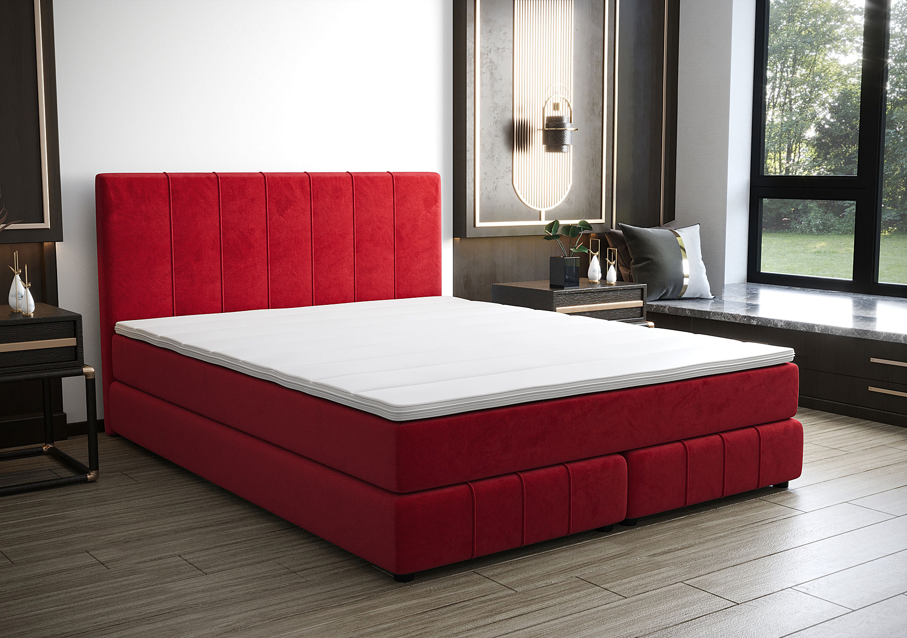 Aranżacja wnętrza z łóżkiem welurowym Ardenis czerwony
