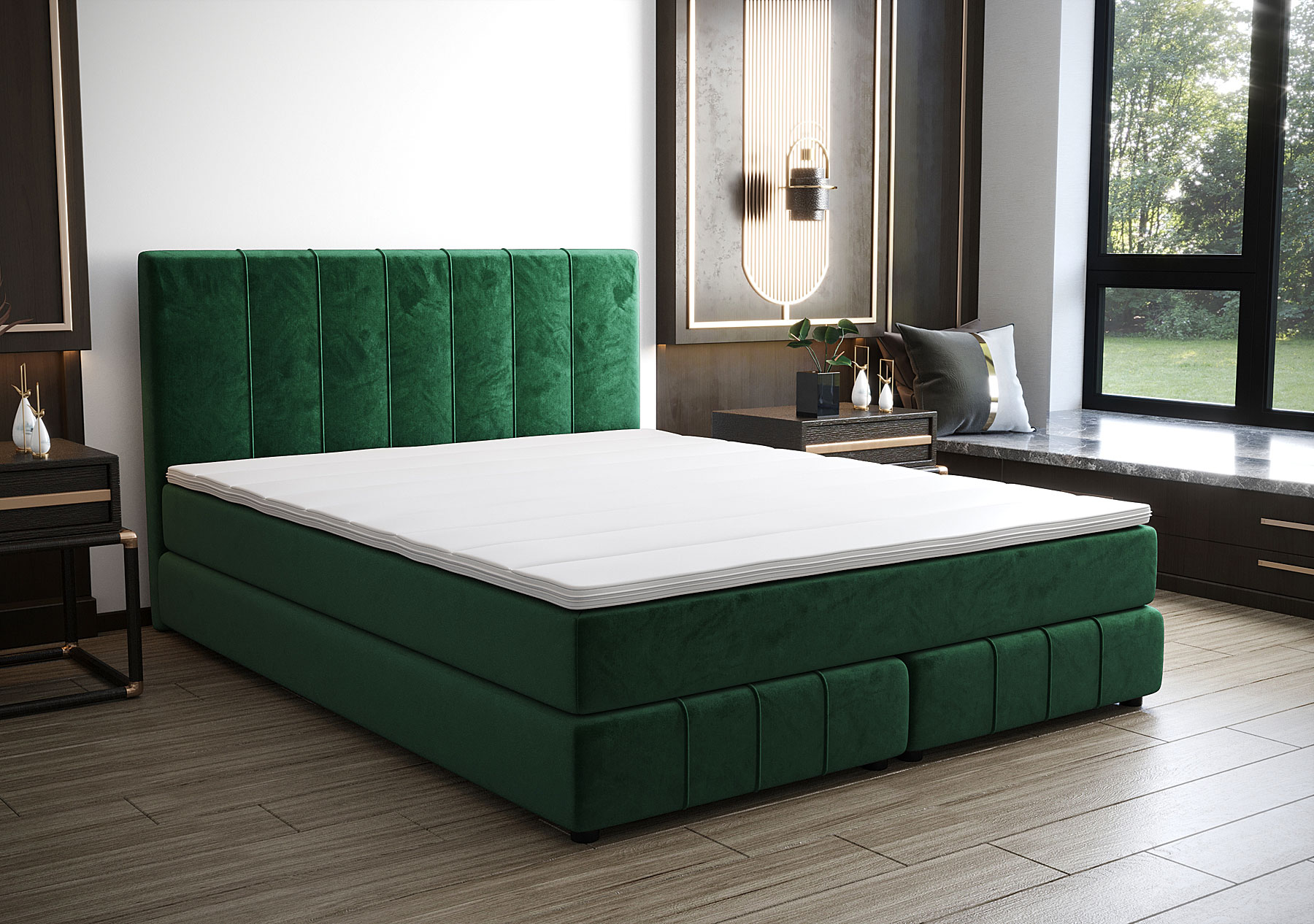 Aranżacja wnętrza z łóżkiem welurowym Ardenis zielonym