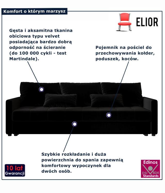 Czarna sofa rozkładana Vilmira