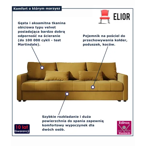 Musztardowa tapicerowana welurem sofa Vilmira