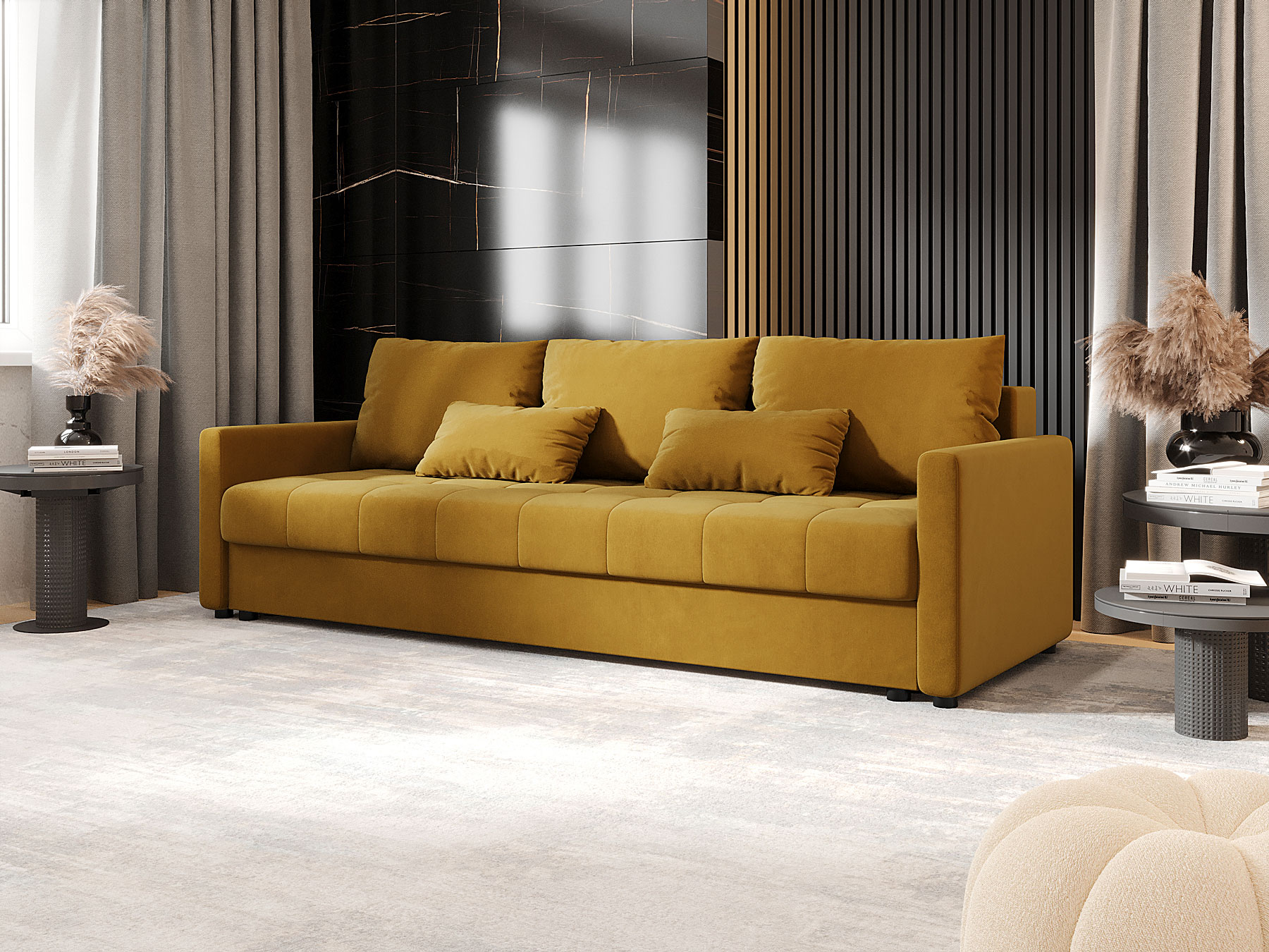 Aranżacja wnętrza z musztardową sofą Vilmira