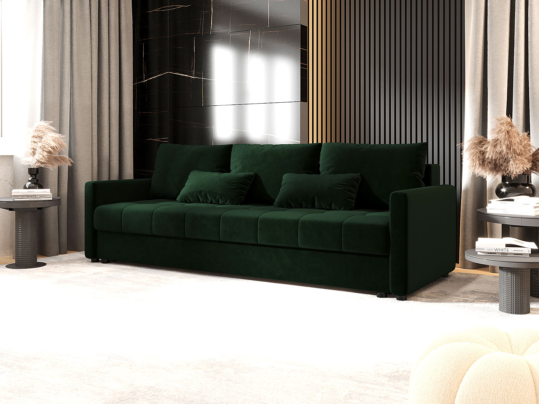 Aranżacja wnętrza z ciemnozieloną sofą Vilmira