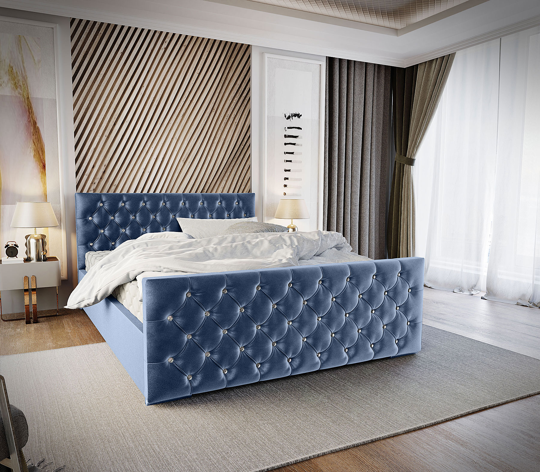 Aranżacja wnętrza z błękitnym łóżkiem welurowym Valmire