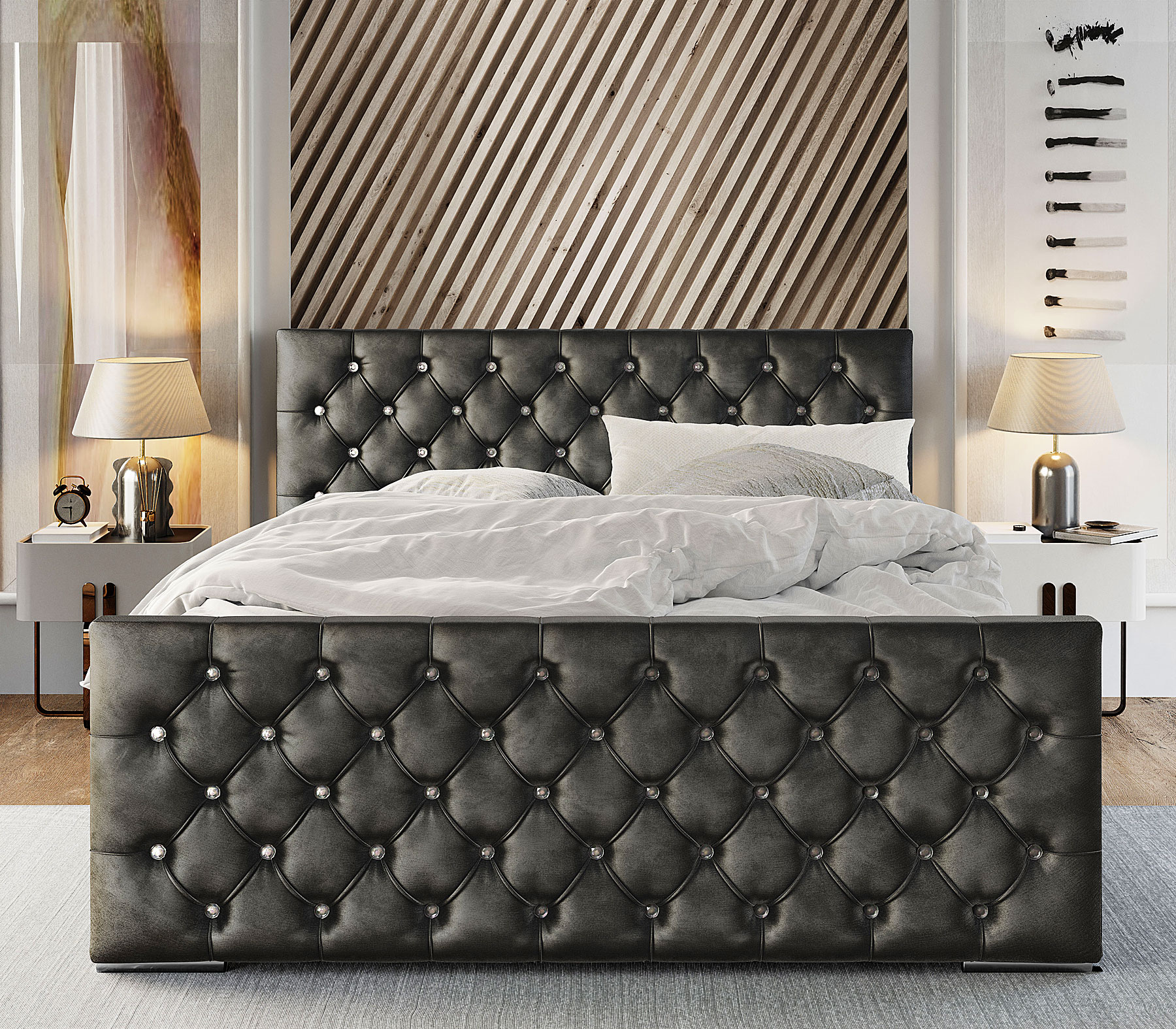 Aranżacja wnętrza z ciemnoszarym łóżkiem welurowym Valmire