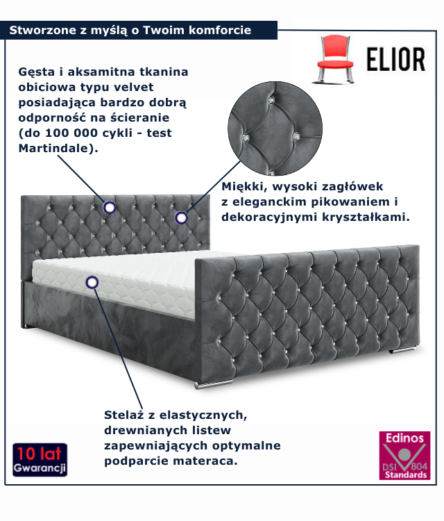 Ciemnoszare pikowane łóżko welurowe Valmiro