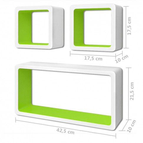 Wymiary zestawu biało-zielonych półek ściennych Lara 3X