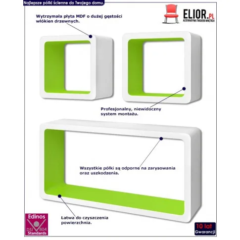 Zestaw biało-zielonych półek ściennych Lara 3x infografika