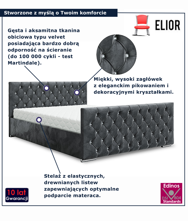 Grafitowe pikowane łóżko welurowe Valmiro