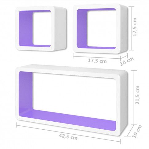 Wymiary zestawu biało fioletowych półek ściennych Lara 3X