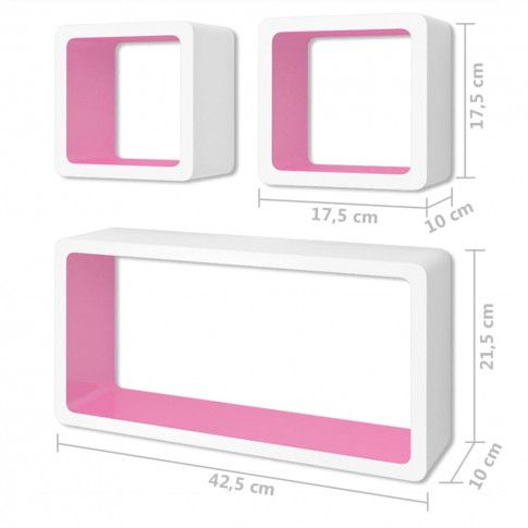 Wymiary zestawu biało różowych półek ściennych Lara 3X