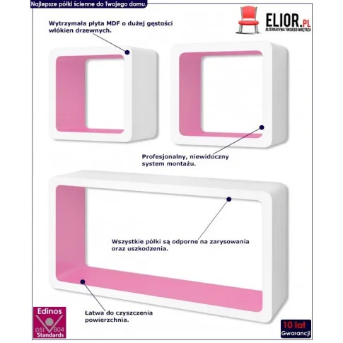 Zestaw biało-różowych półek ściennych Lara 3x infografika