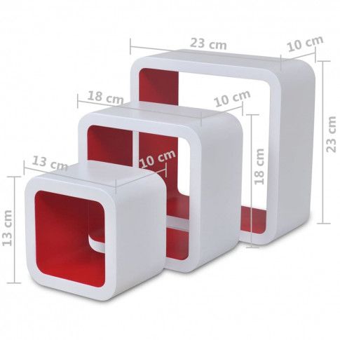 Wymiary zestawu biało-czerwonych półek ściennych Luca 3X