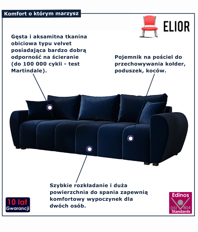 Granatowa tapicerowana sofa rozkładana Morvani
