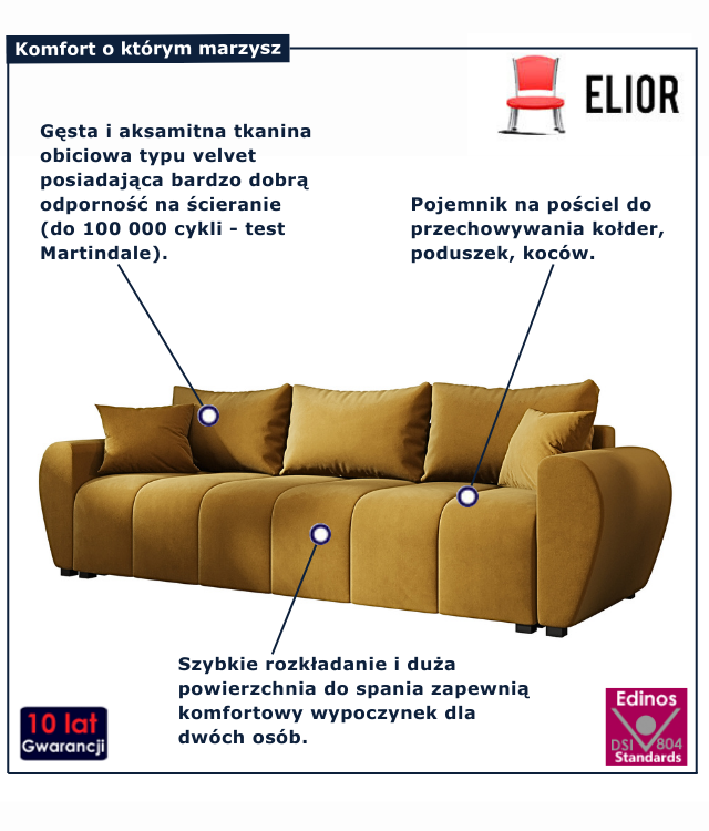 Tapicerowana sofa rozkładana w kolorze musztardowym Morvani