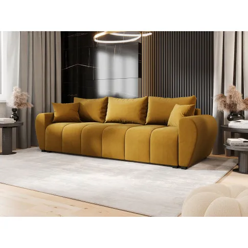 Wizualizacja wnętrza z musztardowa sofa Morvani