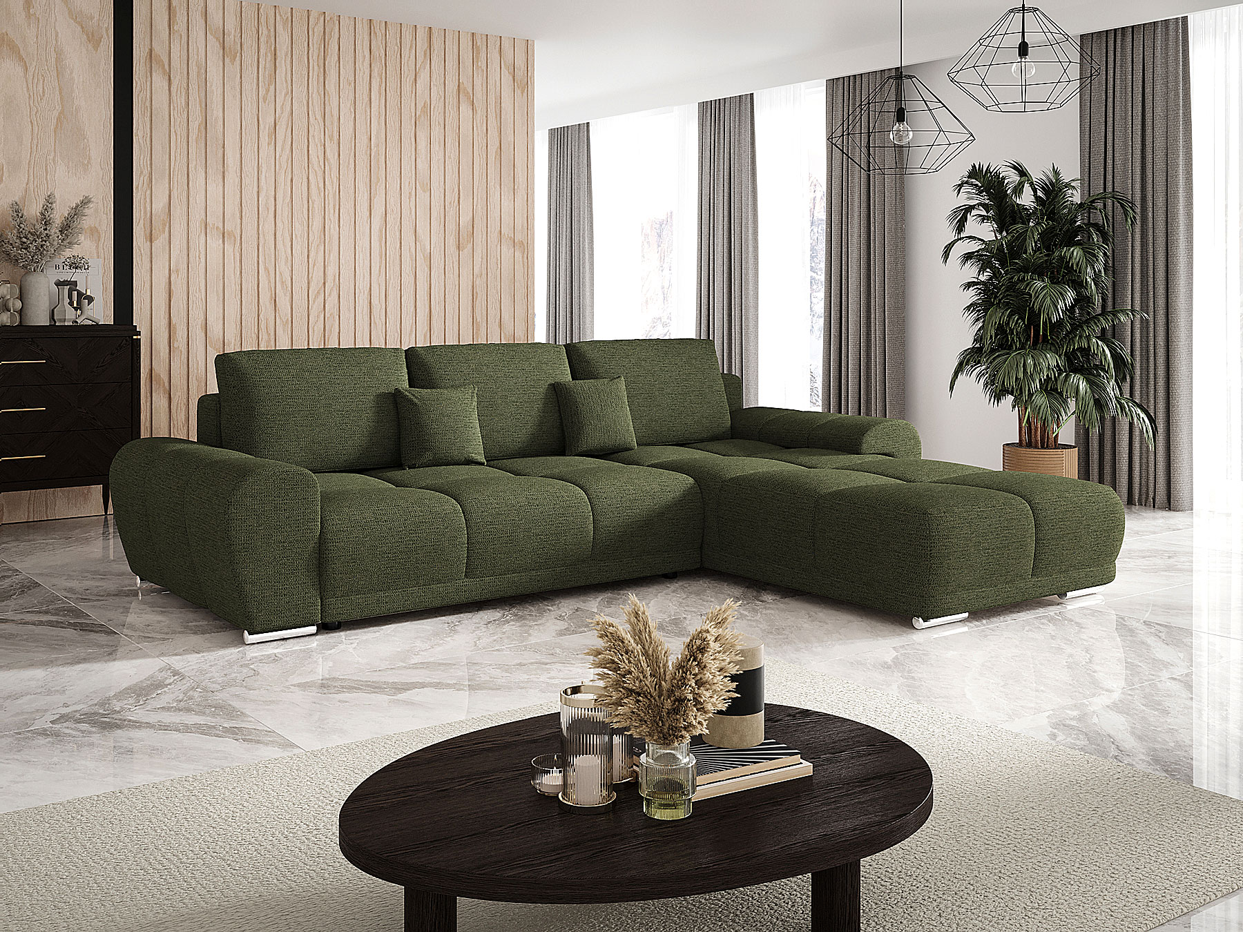 Aranżacja wnętrza z sofą w kolorze oliwkowym Lavenzo