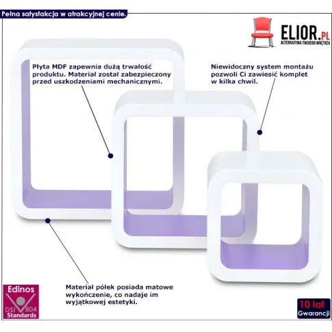 Zestaw biało-fioletowych półek ściennych Luca 3X infografika