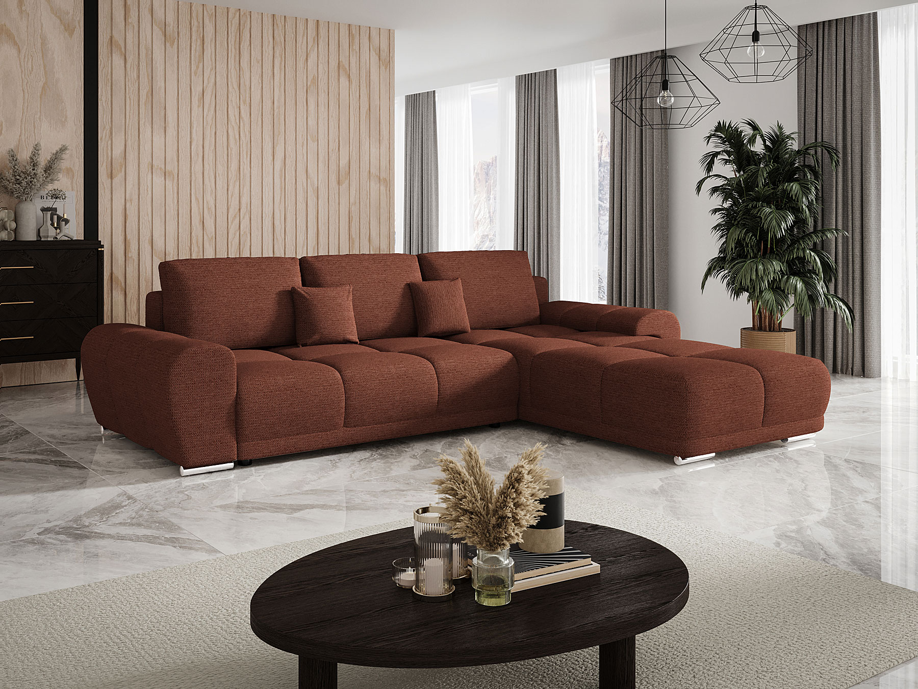 Aranżacja wnętrza z sofą w kolorze ceglastym Lavenzo