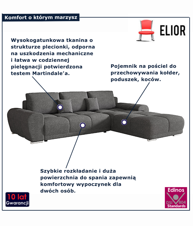 Tapicerowany rozkładany narożnik Lavenzo w kolorze ciemnoszarym