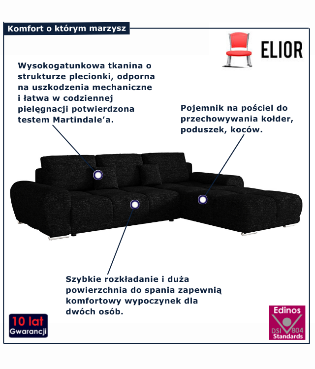 Tapicerowany rozkładany narożnik Lavenzo w kolorze czarnym