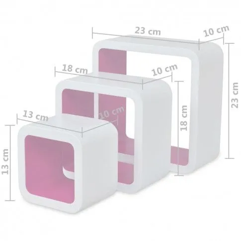 Wymiary zestawu biało-różowych półek ściennych Luca 3X
