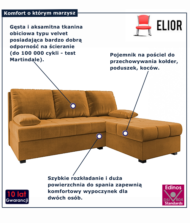 Tapicerowany rozkładany narożnik w kolorze musztardowym Montiero