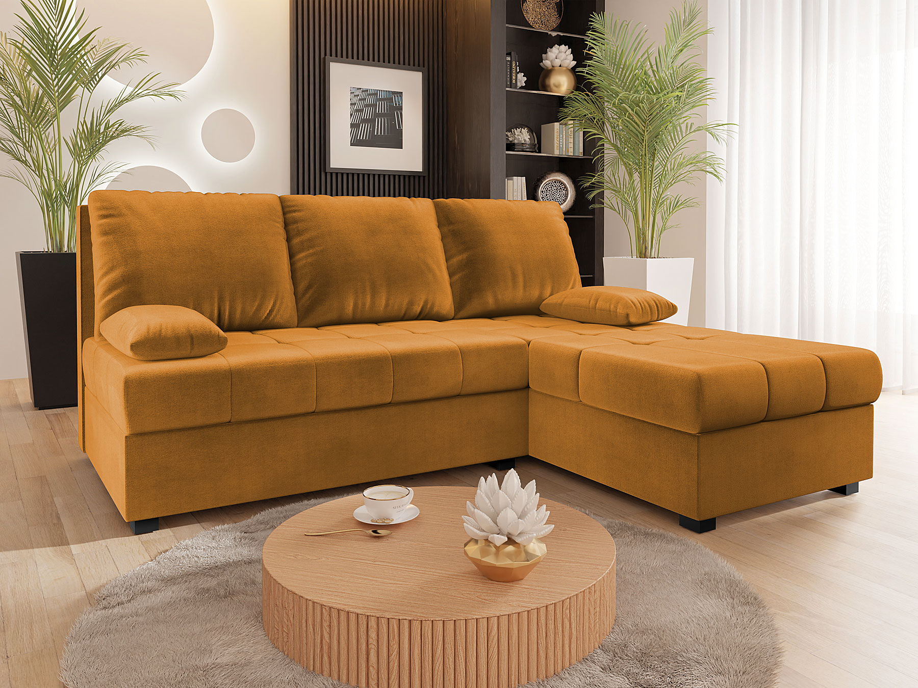 Aranżacja wnętrza z sofą w kolorze musztardowym Montiero