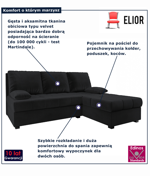 Tapicerowany rozkładany narożnik w kolorze czarnym Montiero