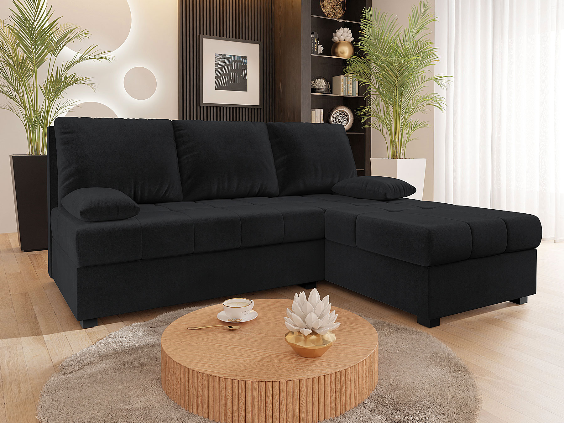 Aranżacja wnętrza z sofą w kolorze czarnym Montiero