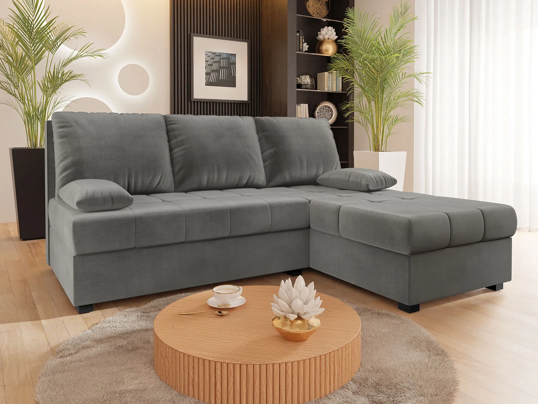 Aranżacja wnętrza z sofą w kolorze szarym Montiero