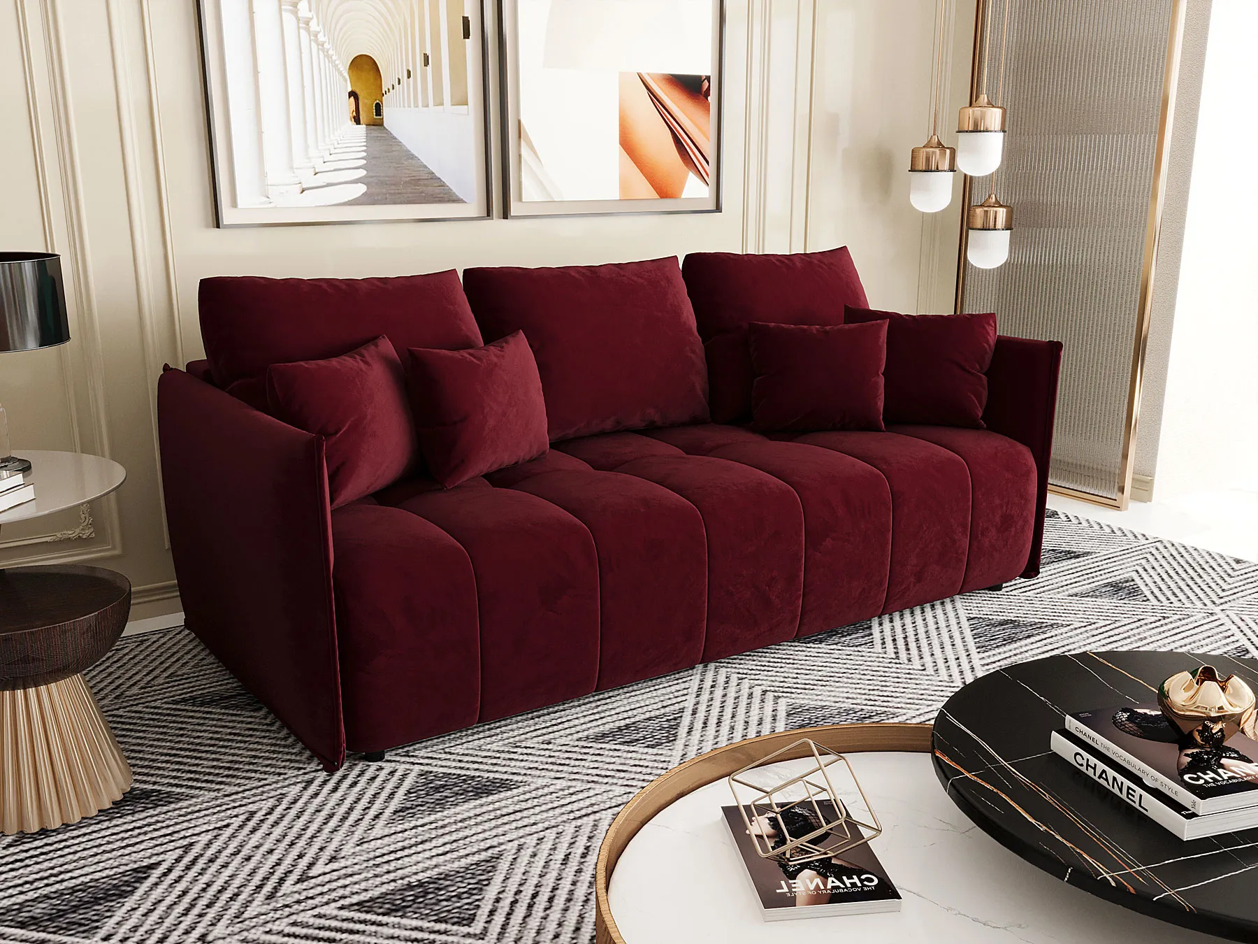 Wizualizacja wnętrza z czerwoną sofą Meralio