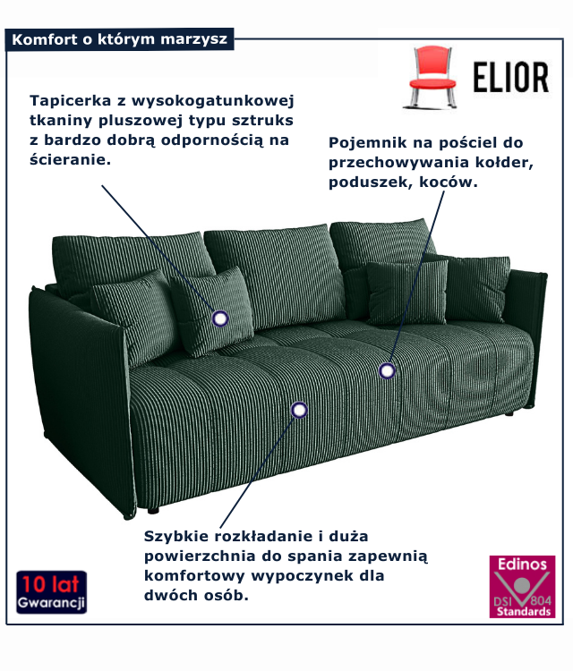 Tapicerowana rozkładana sofa w kolorze ciemnozielonym Meralio