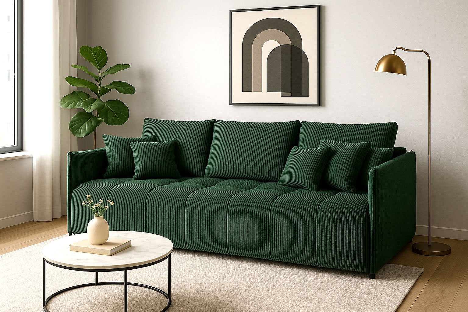 Wizualizacja wnętrza z zieloną sofą Meralio 4X