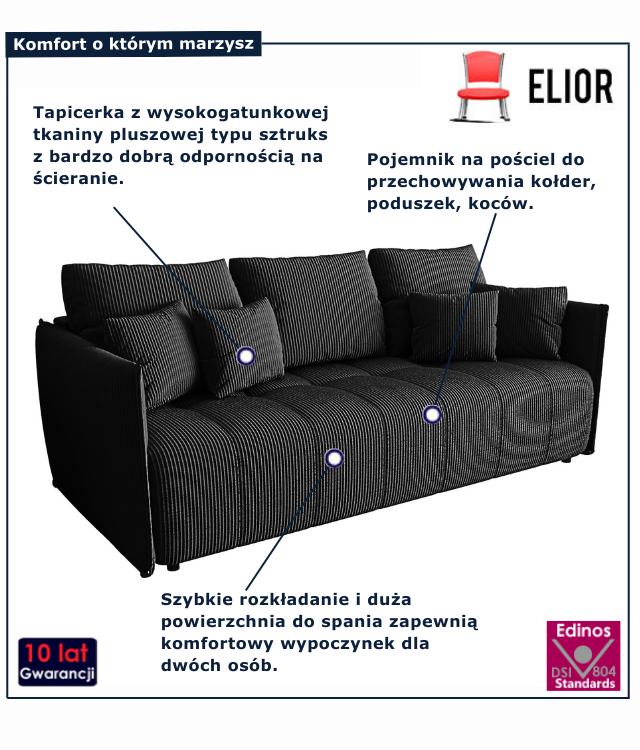 Tapicerowana rozkładana sofa w kolorze czarnym Meralio
