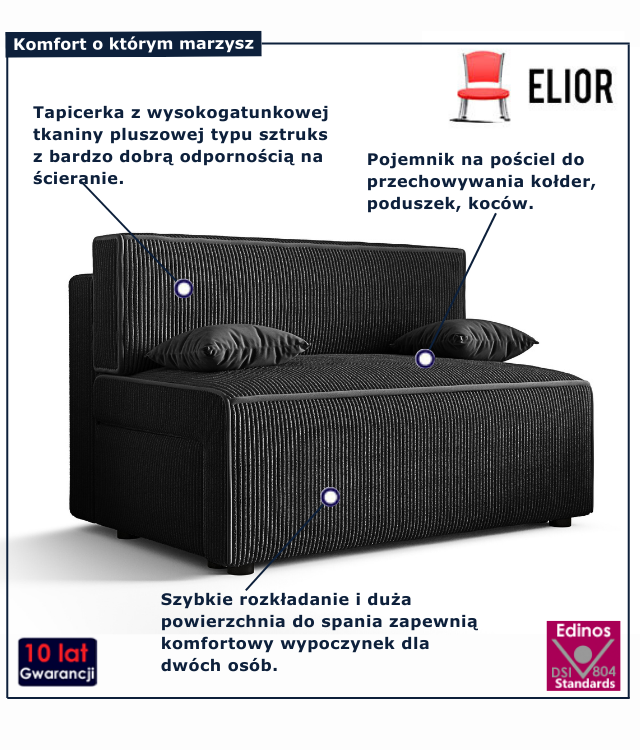 Tapicerowana rozkładana sofa w kolorze czarnym Lunarox