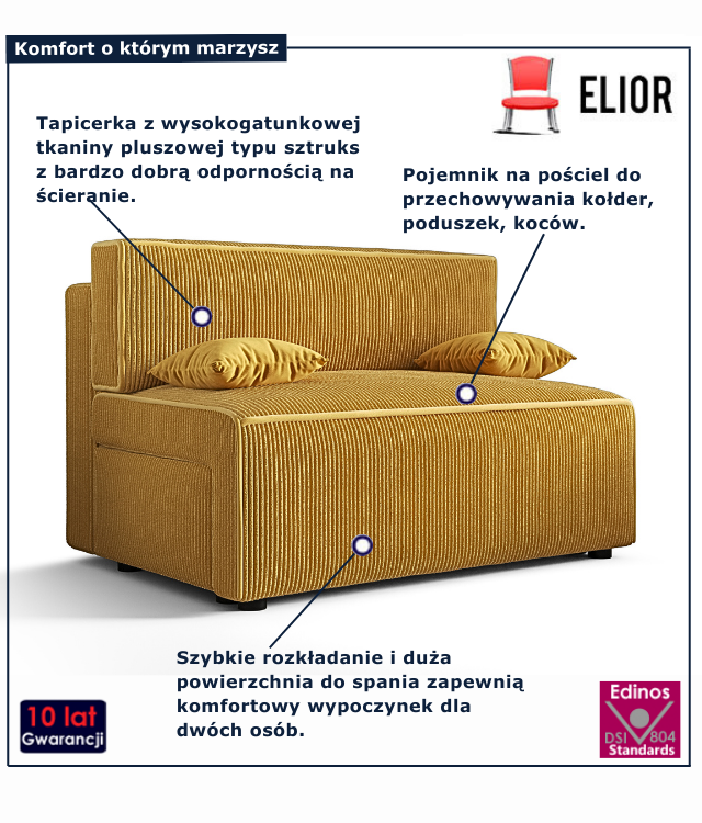 Tapicerowana rozkładana sofa w kolorze musztardowym Lunarox